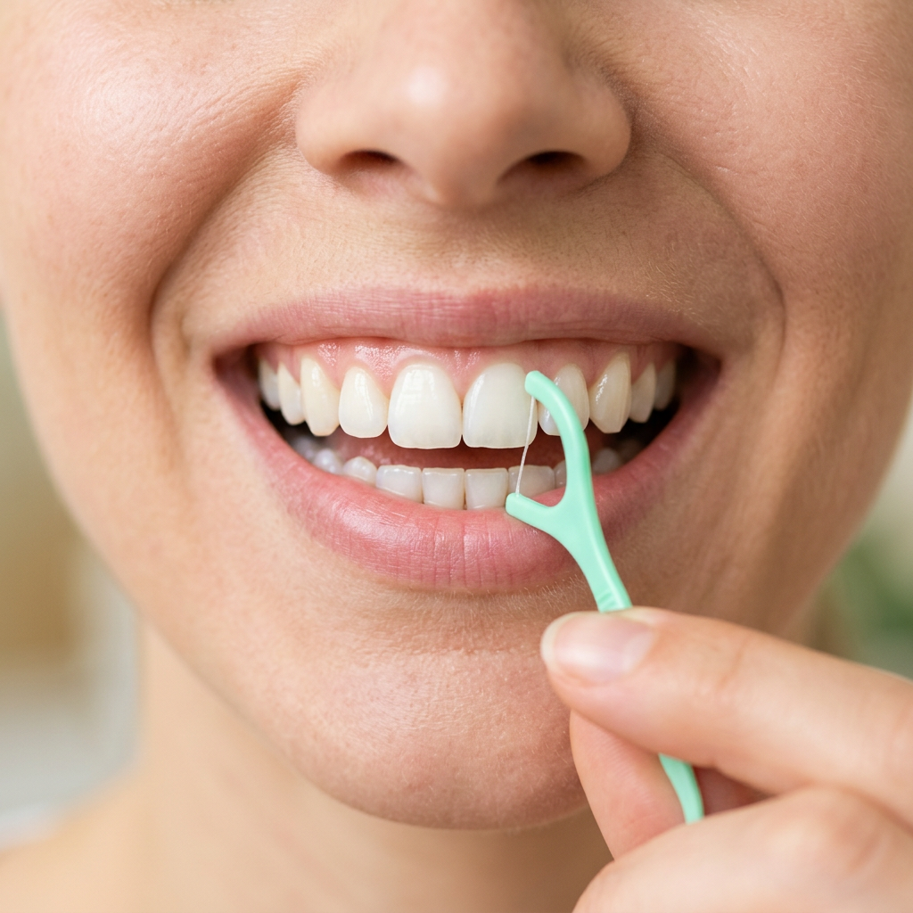 Close-up of flossing between teeth with a floss pick
