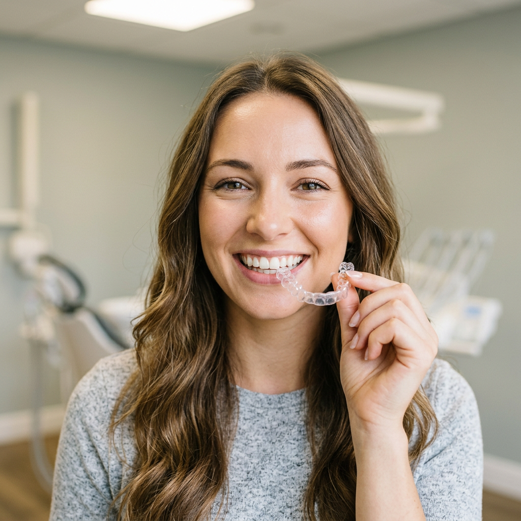 Smiling woman holding a clear removable aligner beside her smile